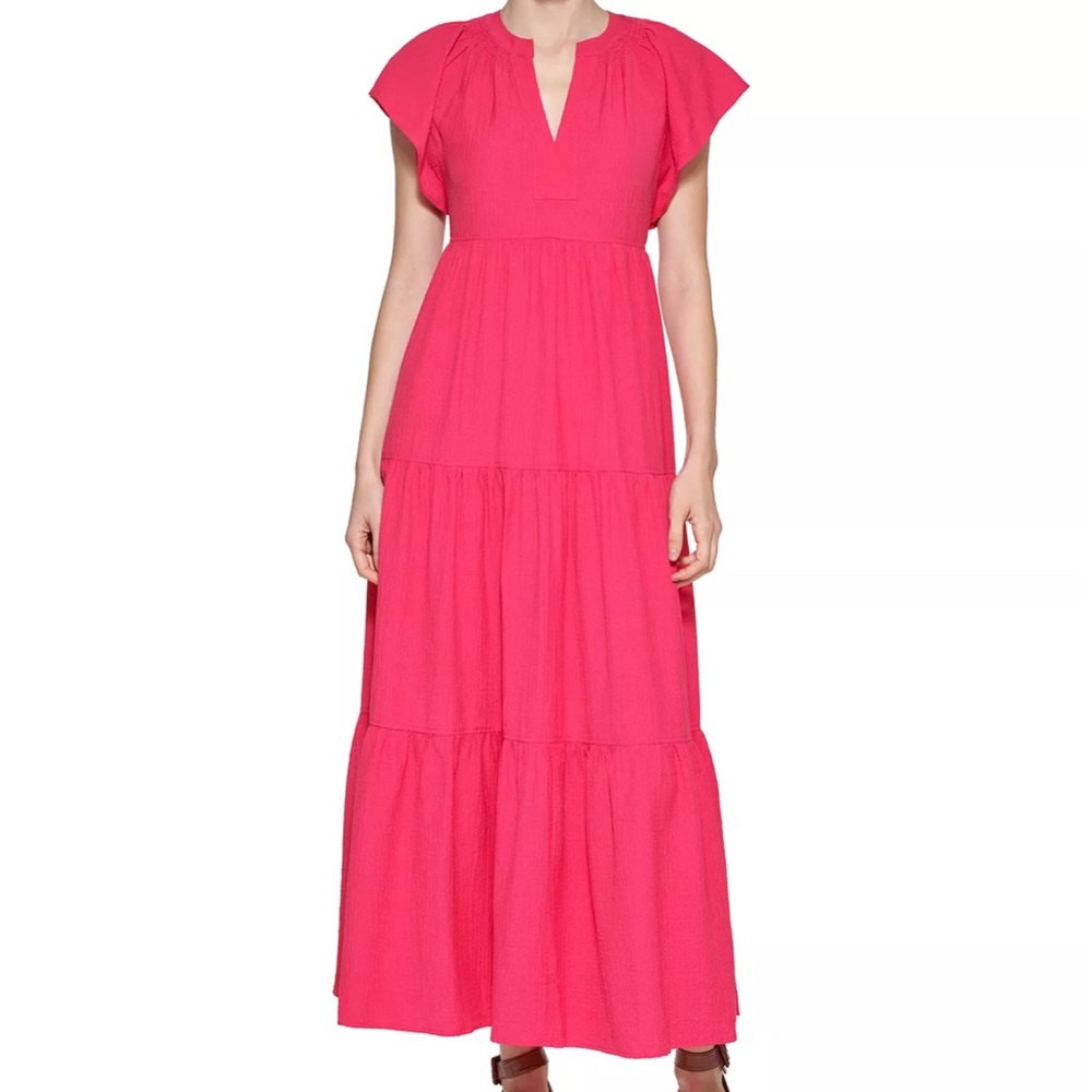 NWT! Calvin Klein Women's Textured Tiered Dress, Size 14, Bright Lipstick Pink